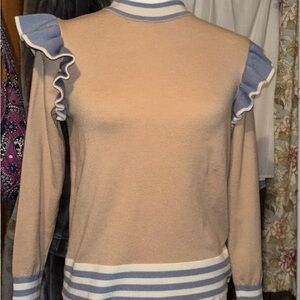THML Beige and Blue Ruffle Sweater